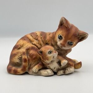 Vintage UCTCI Orange Tabby Kitten Cat & Kitten Figurine Made in Japan 6" Length‎